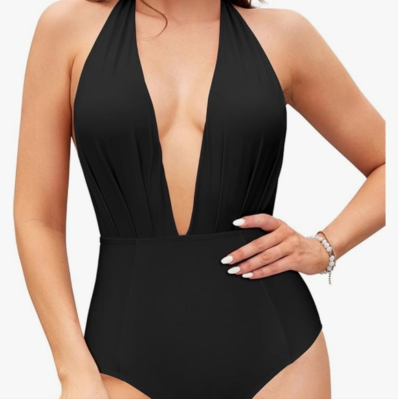 NWT Small Black Halter Plunge Swimsuit Sz 6 One Piece - Picture 2 of 12